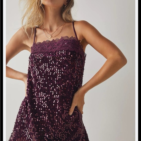 Free People Dresses & Skirts - NWT Free People Sequined & Lace Spaghetti Strap Dress in Deep Plum